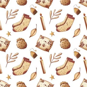 Hygge seamless pattern. Cozy winter and autumn illustration for fabric, wrapping 스톡 일러스트