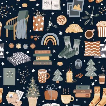 Hygge seamless pattern with cozy winter things - socks, books, sweets, drinks Stock Illustration