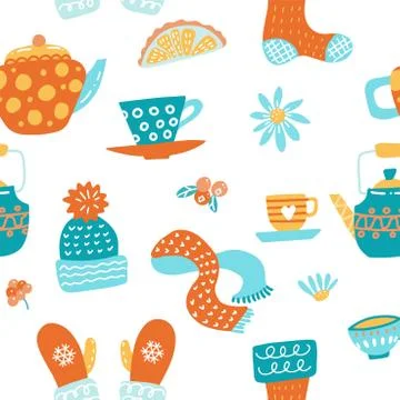 Hygge seamless pattern in vector. Cute illustration of autumn and winter hygg 스톡 일러스트