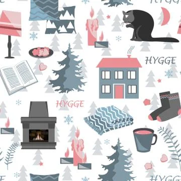 Hygge seamless pattern. Vector illustration with forest plants and cozy home Stock Illustration