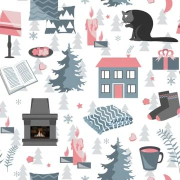 Hygge seamless pattern. Vector illustration with forest plants and cozy home Illustrazione stock