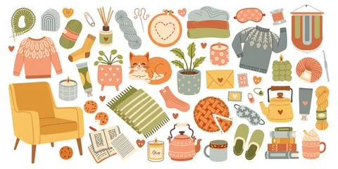 Hygge set, hand drawn vector, scandinavian doodle sketchy elements. Cozy Stock Illustration