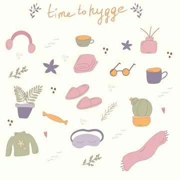 Hygge time cozy elements warm safe light Stock Illustration