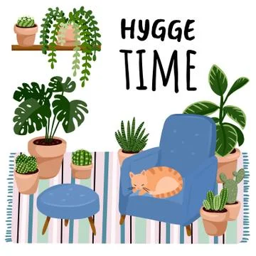 Hygge time postcard. Cat on a stool in scandic stylish room interior. Home la Stock Illustration
