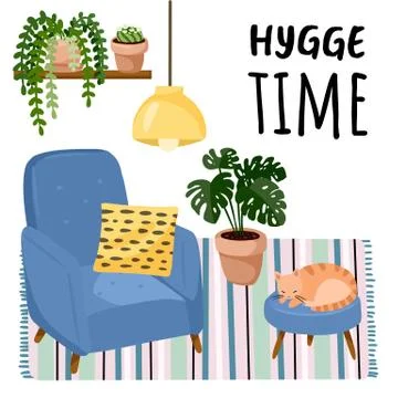 Hygge time postcard. Cat on a stool in scandic stylish room interior. Home la Stock Illustration