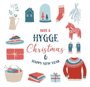 Hygge winter elements and concept design, Merry Christmas card, banner 스톡 일러스트