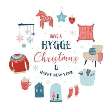 Hygge winter elements and concept design, Merry Christmas card, banner Illustrazione stock
