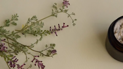 Hygiene bath product. Body, face scrub with wild flowers. Wellness therapy Stock-Footage 127272425