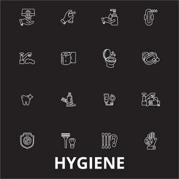Hygiene editable line icons vector set on black background. Hygiene white 스톡 일러스트