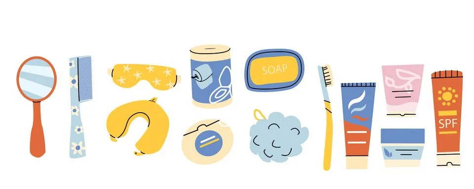Hygiene essential kit. Sleeping items, hygiene, cosmetic, bath elements set. Stock Illustration