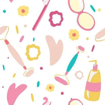 Hygiene products and accessories vector seamless pattern. Makeup cosmetics to Stock Illustration