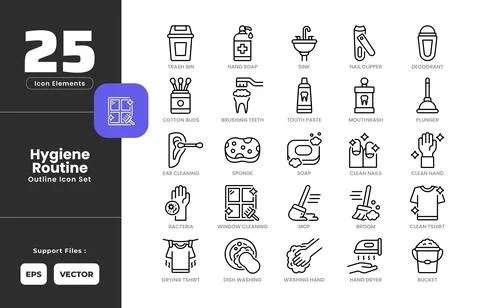 Hygiene Routine Icon Set Collection with Outline or Line Art Style. Includi.. Stock Illustration