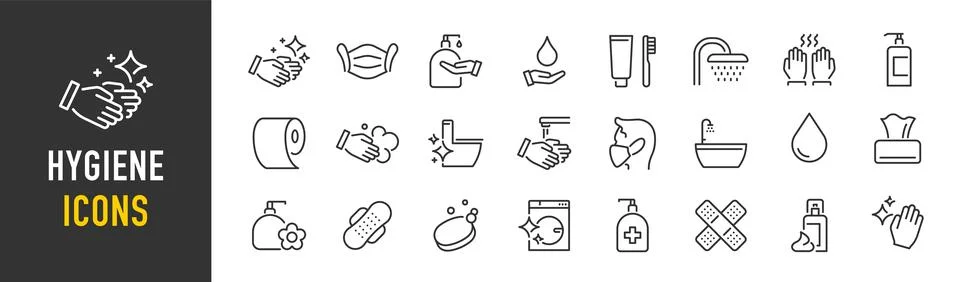 Hygiene web icon set in line style. Cleaning, washing hands, shower, semina.. Stock Illustration