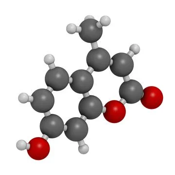 Hymecromone drug molecule. 3D rendering. Stock Illustration