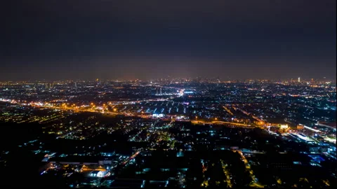 Hyper Lapse aerial of building and car traffic at night in Bangkok city  downtow Stock Footage 141863649