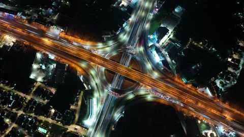 Hyper Lapse Aerial of Roundabout Traffic Bangkok City Thailand Durning Night. Stock Footage 231140707