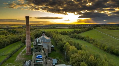 Hyper lapse aerial view of headstocks at Pleasley Colliery, Derbyshire, England Stock Footage 287781686