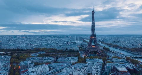 Hyper lapse aerial view towards the left side of the Eiffel Tower in Paris, Fran Stock Footage 242749264