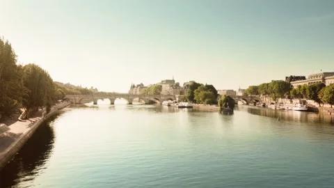 Hyper lapse from bridge of Arts, old bridge across the Seine river in Paris Stock Footage 148809952