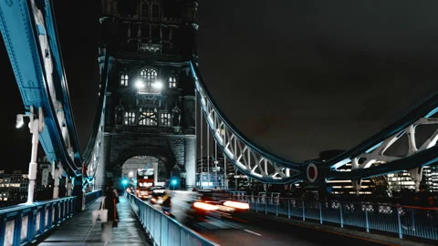 Hyper lapse, Car traffic at Tower bridge, night in London, UK Stock Footage 96314554