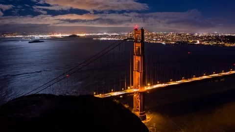 Hyper-lapse Drone Golden Gate bridge at night from Marin Headlands Video stock 104316152