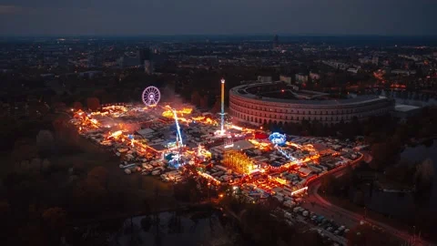 Hyper-Lapse Fun Fair Amusment Park, Aerial View, Evening, Nurnberg, Time-Lapse Stock Footage 197604824