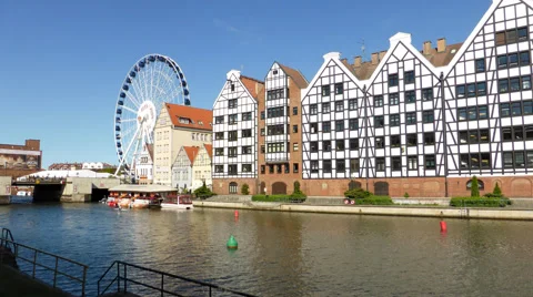 Hyper lapse Gdansk Old Town Buildings and Motlawa River Stock Footage 55059769