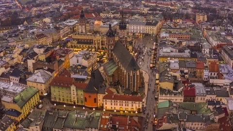 Hyper lapse of Krakow old city aerial 4k day to night footage 스톡 동영상 100004472