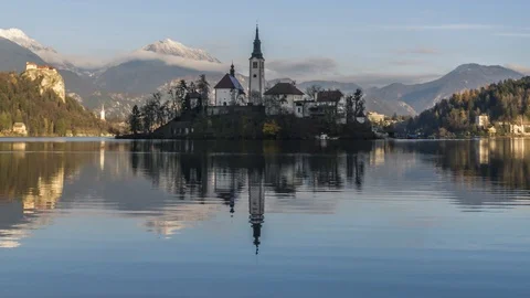 Hyper lapse lake Bled island with tower church Stock Footage 120989584