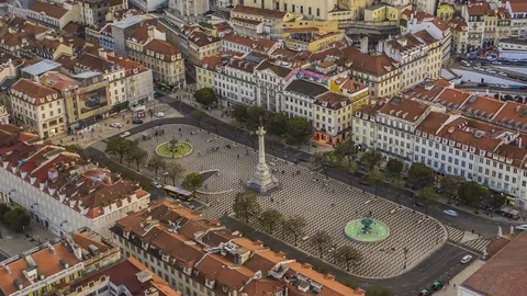 [Hyper Lapse] Lisbon, Rossio square, Portugal, sunrise aerial skyline city view  Stock Footage 111687723