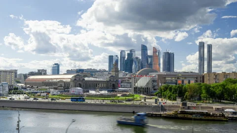 Hyper lapse  the Moscow River , Kyiv railway station and Moscow city, Russia Stock Footage 221766676
