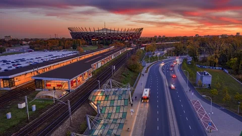 Hyper lapse of the National Stadium and railway line. Stock-Footage 119285764
