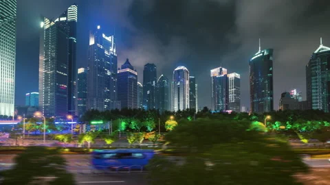 Hyper lapse, night skyscrapers in Shanghai Lujiazui financial center, China Stock Footage 144354892