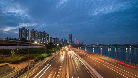 Hyper lapse-Night traffic in Yeouido, Seoul,South Korea Stock Footage 248453339