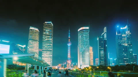 Hyper lapse, Pudong financial district Shanghai, China Stock Footage 143982626