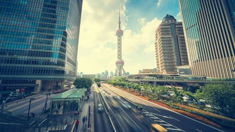Hyper lapse, road in Shanghai Lujiazui financial center, China Stock Footage 112761378