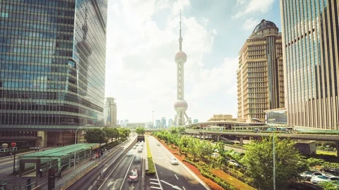 Hyper lapse, road in Shanghai Lujiazui financial center, China 스톡 동영상 116407215
