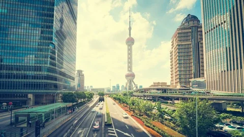 Hyper lapse, road in Shanghai Lujiazui financial center, China Stock Footage 116898565