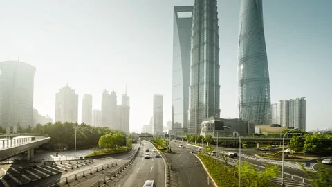 Hyper lapse, road in Shanghai Lujiazui financial center, China Stock Footage 117639410