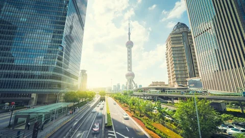 Hyper lapse, road in Shanghai Lujiazui financial center, China Stock-Footage 117939087