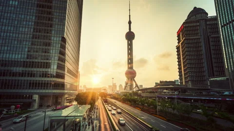 Hyper lapse, road in Shanghai Lujiazui financial center, China Stock Footage 144353557