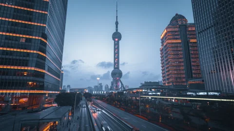 Hyper lapse, road in Shanghai Lujiazui financial center, China Video stock 144824951