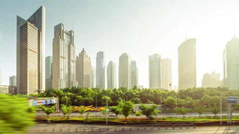 Hyper lapse, road in Shanghai Lujiazui financial center, China Stock Footage 145059964