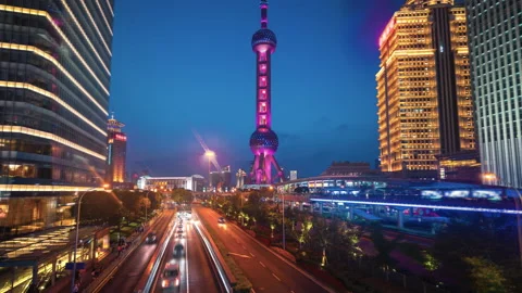 Hyper lapse, road in Shanghai Lujiazui financial center, China Stock Footage 145090334