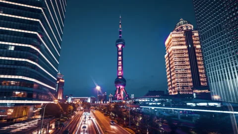 Hyper lapse, road in Shanghai Lujiazui financial center, China Stock Footage 147932031