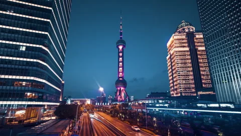 Hyper lapse, road in Shanghai Lujiazui financial center, China Stock-Footage 148741729