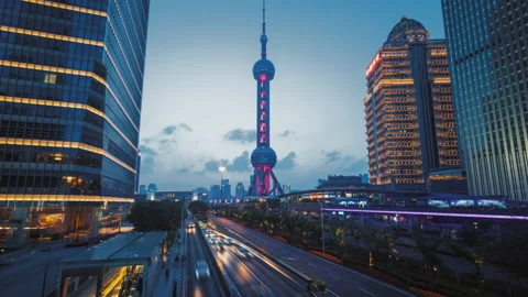 Hyper lapse, road in Shanghai Lujiazui financial center, China Stock Footage 149014790