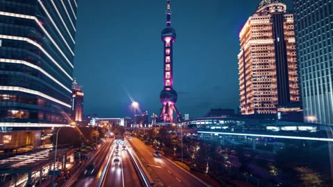 Hyper lapse, road in Shanghai Lujiazui financial center, China Stock Footage 149219201
