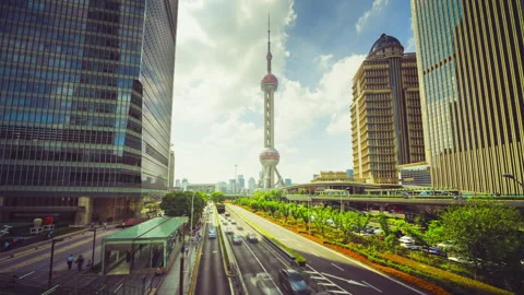Hyper lapse, road in Shanghai Lujiazui financial center, China Stock Footage 164716667