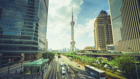 Hyper lapse, road in Shanghai Lujiazui financial center, China Stock Footage 220188308